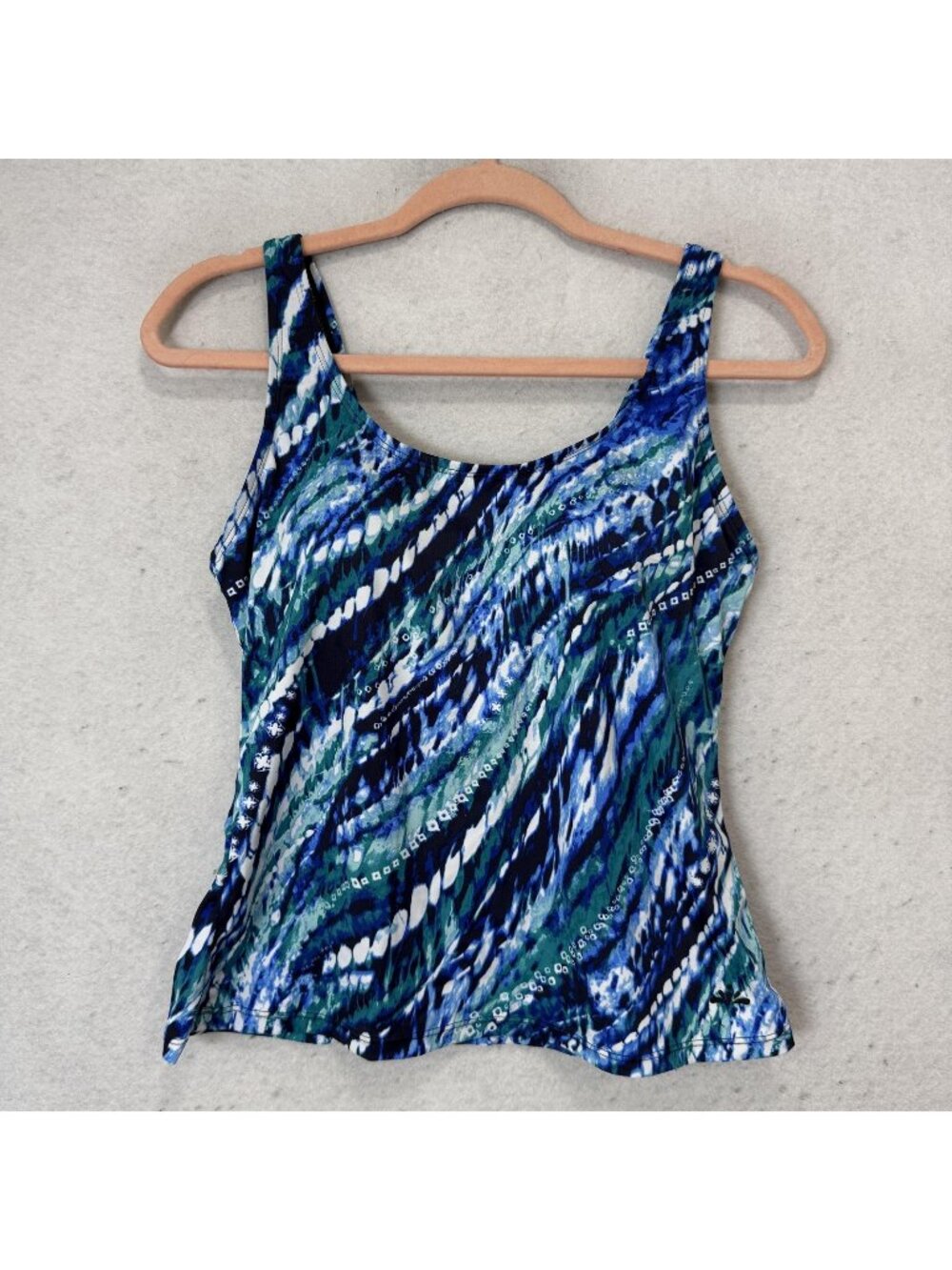 Aquabelle Tankini Swim Top Womens 8 Blue Geometric Built In Bra Chlorine